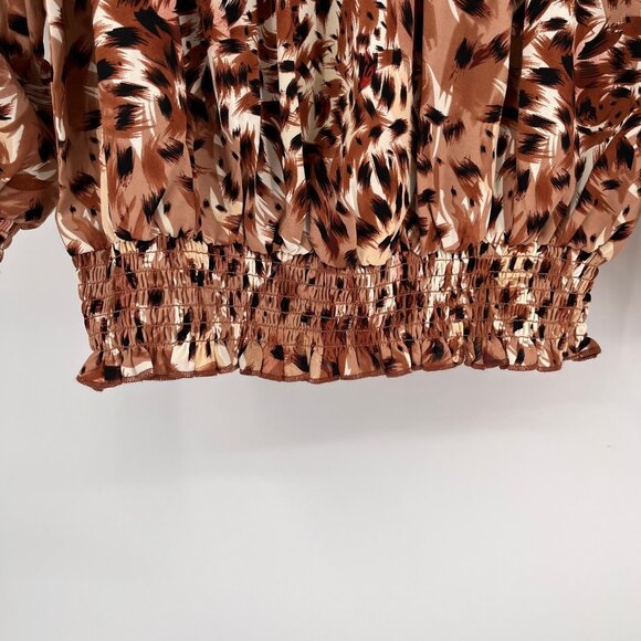 Patrizia Luca Smocked Blouse Size S Brown Animal Print Ruffle Long Sleeve Top - Picture 5 of 8